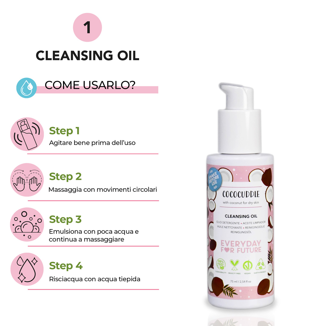 Modo d'uso olio detergente del kit doppia detersione Cococuddle