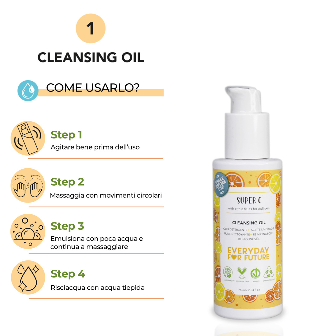 Modo d'uso olio detergente del kit doppia detersione Super C