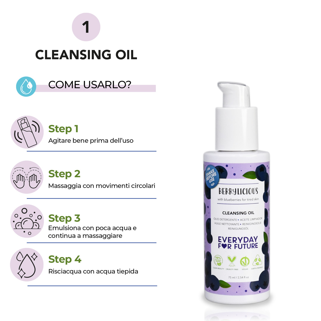 Modo d'uso olio detergente del kit doppia detersione Berrylicious