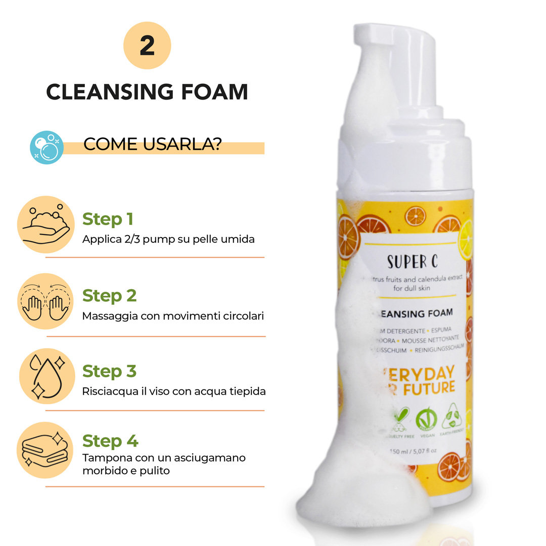 Modo d'uso della foam detergente del kit doppia detersione Super C