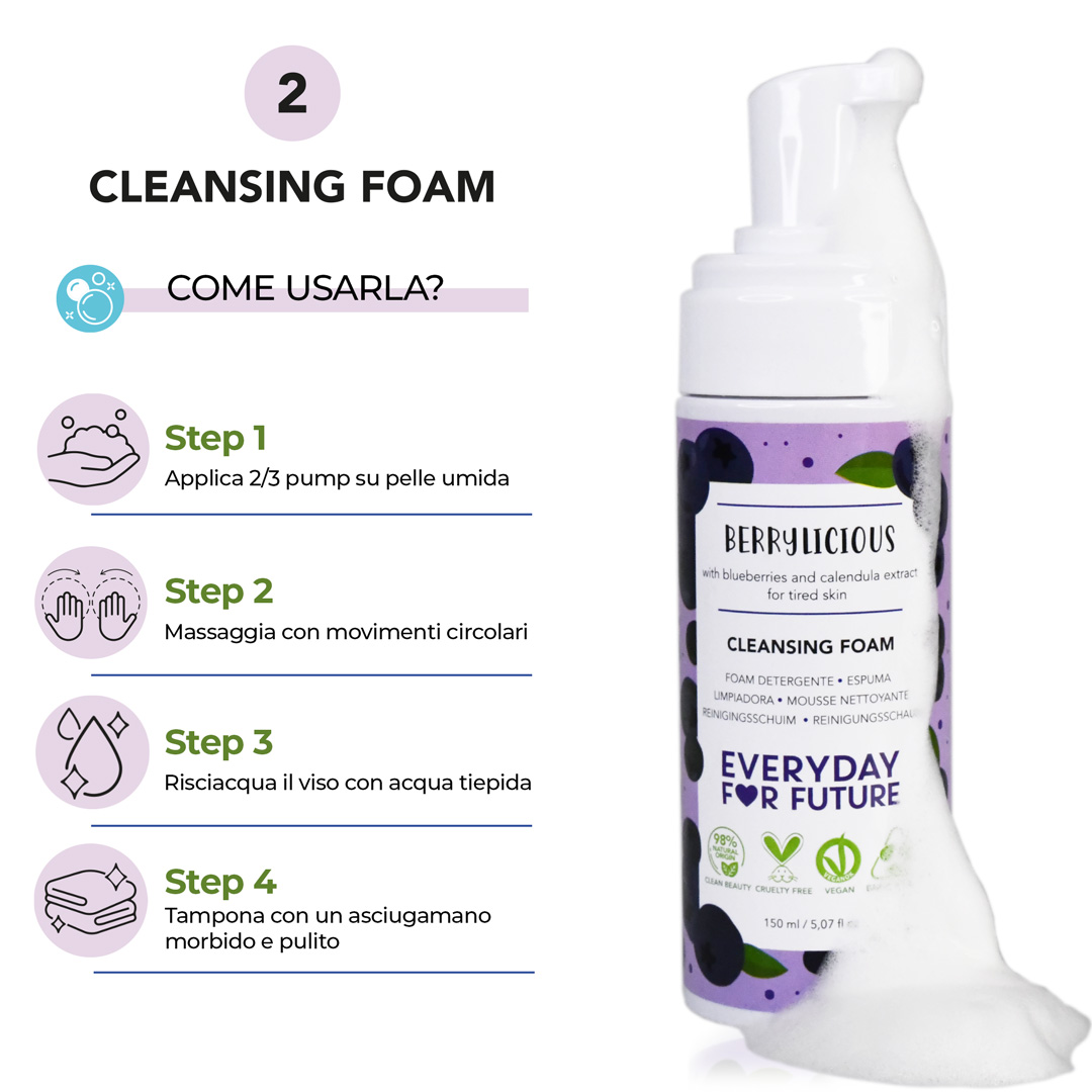 Modo d'uso foam detergente del kit doppia detersione Berrylicious
